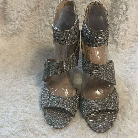 Christian Siriano Silver Shimmer strappy 3.5" Heels Open Toe Ankle Strap SZ12 - Picture 3 of 9
